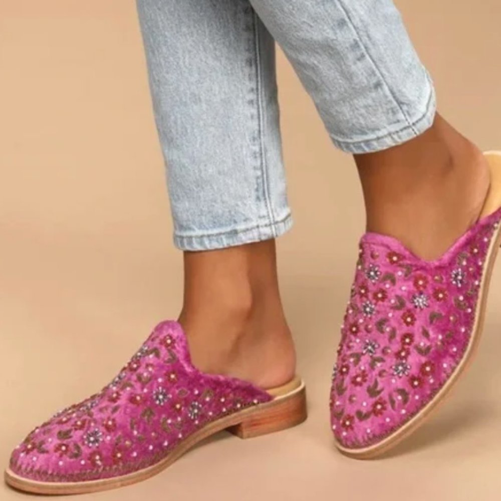 Free People Purple Dancing Queen Velvet Beaded Loafer Mules Size 38 JB (SIZE 8)